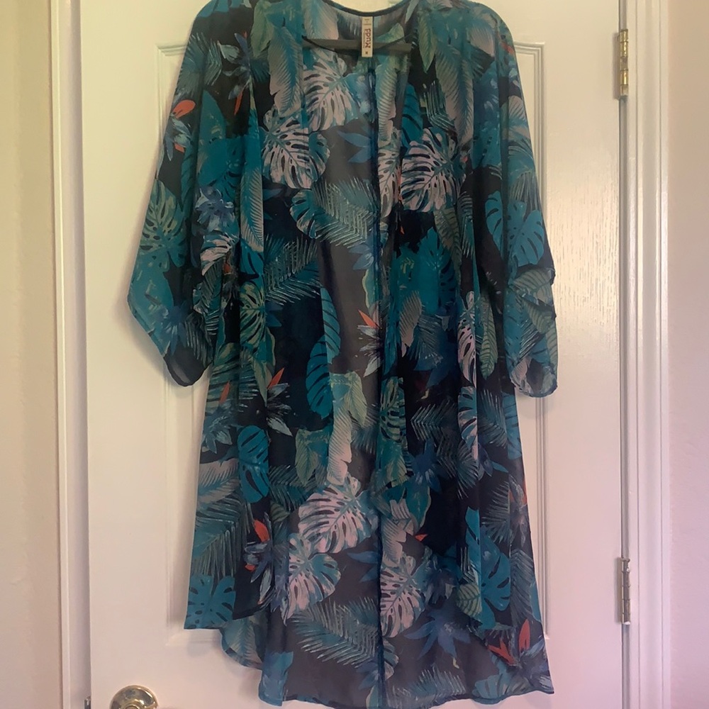 Tropical Teal Blue Lavender Monsterra Kimono Cover up